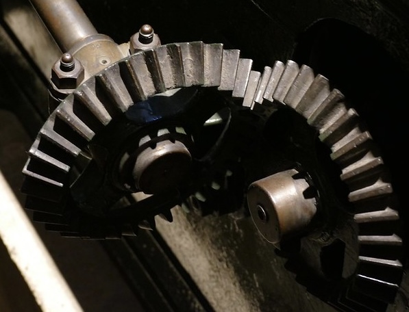 Bevel gears that drive a speed governor on one of the Steam engines at the London Science Museum
